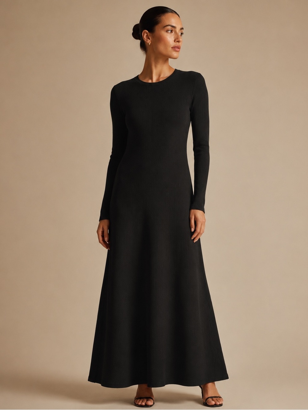 Tea Collection Black Ribbed Long Sleeve Maxi Dress Size Large Minimalist Chic